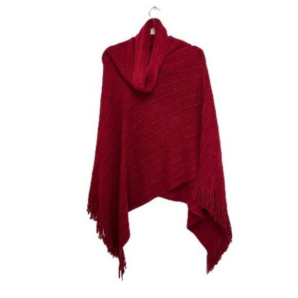 BCBGMAXAZRIA Knitted Fringed Cowl Neck Red Poncho Size S - Picture 2 of 7